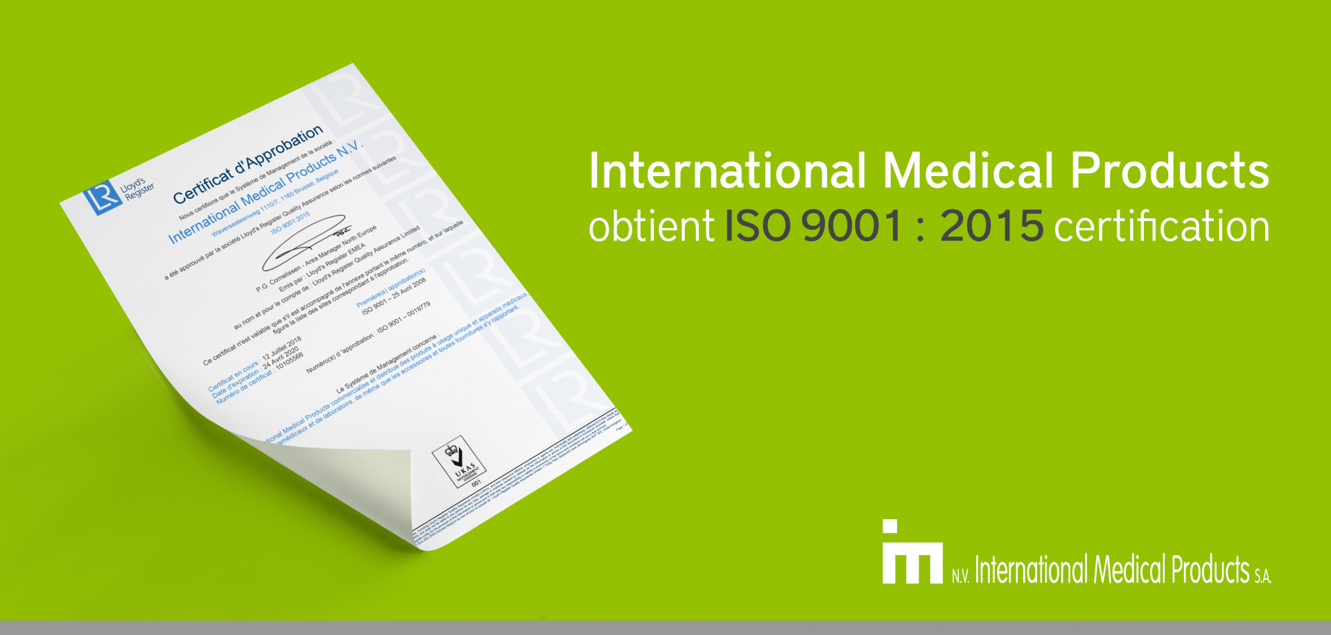 International Medical Products ISO 9001:2015 certification
